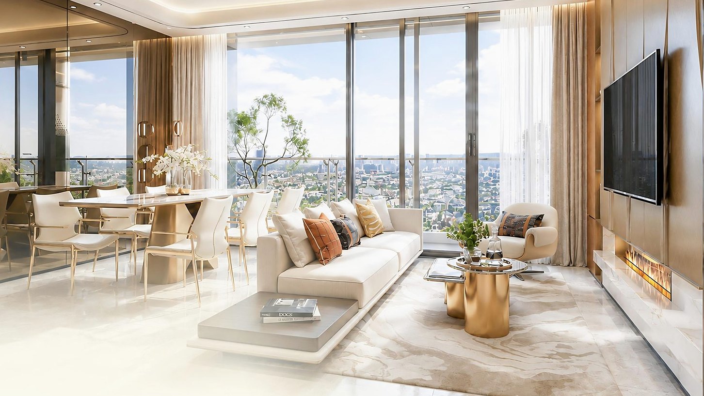 Phòng khách thông phòng ăn căn hộ Gladia Heights cửa kính lớn