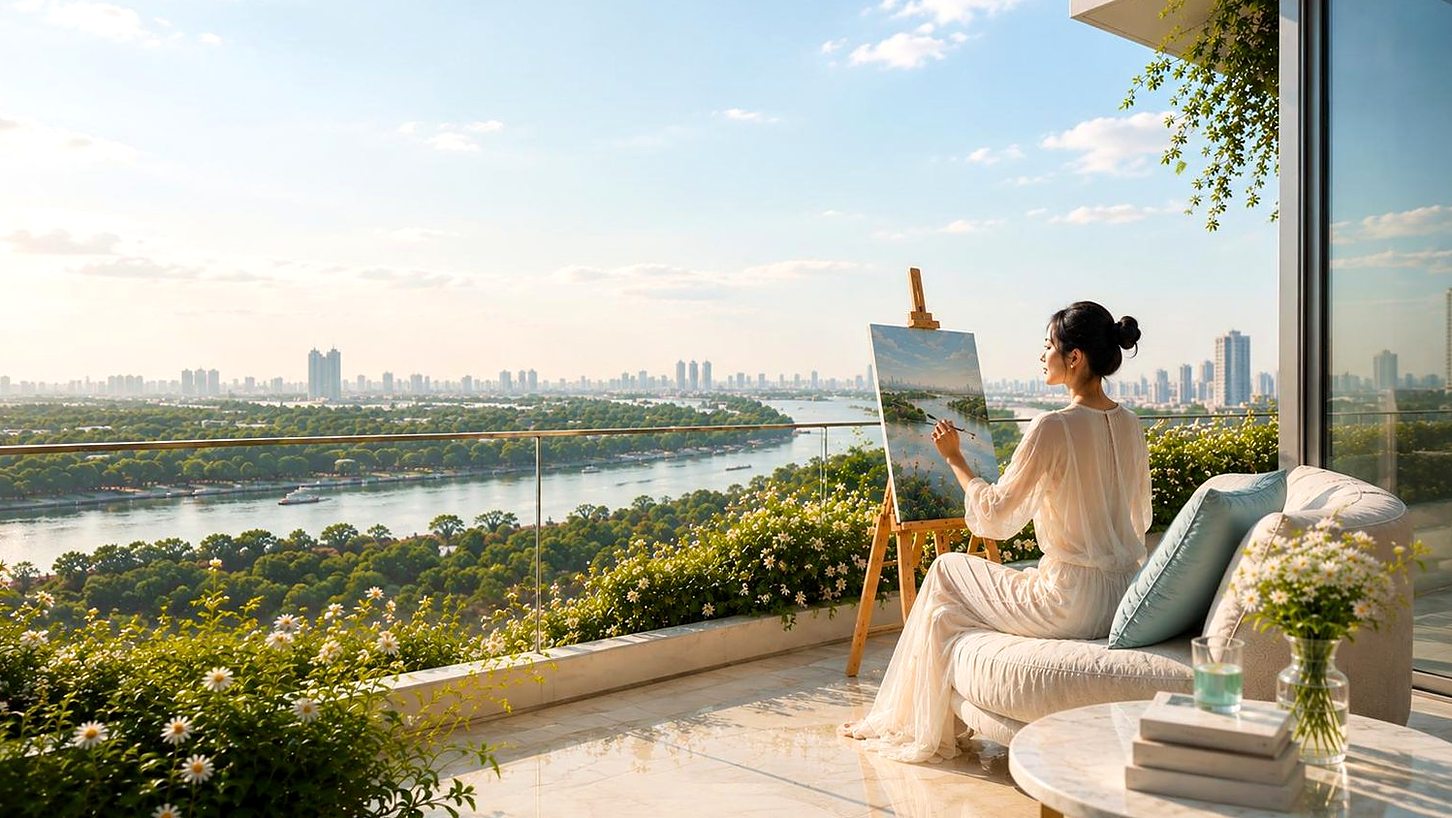 Phòng khách căn hộ Gladia Heights mở ra ban công view sông