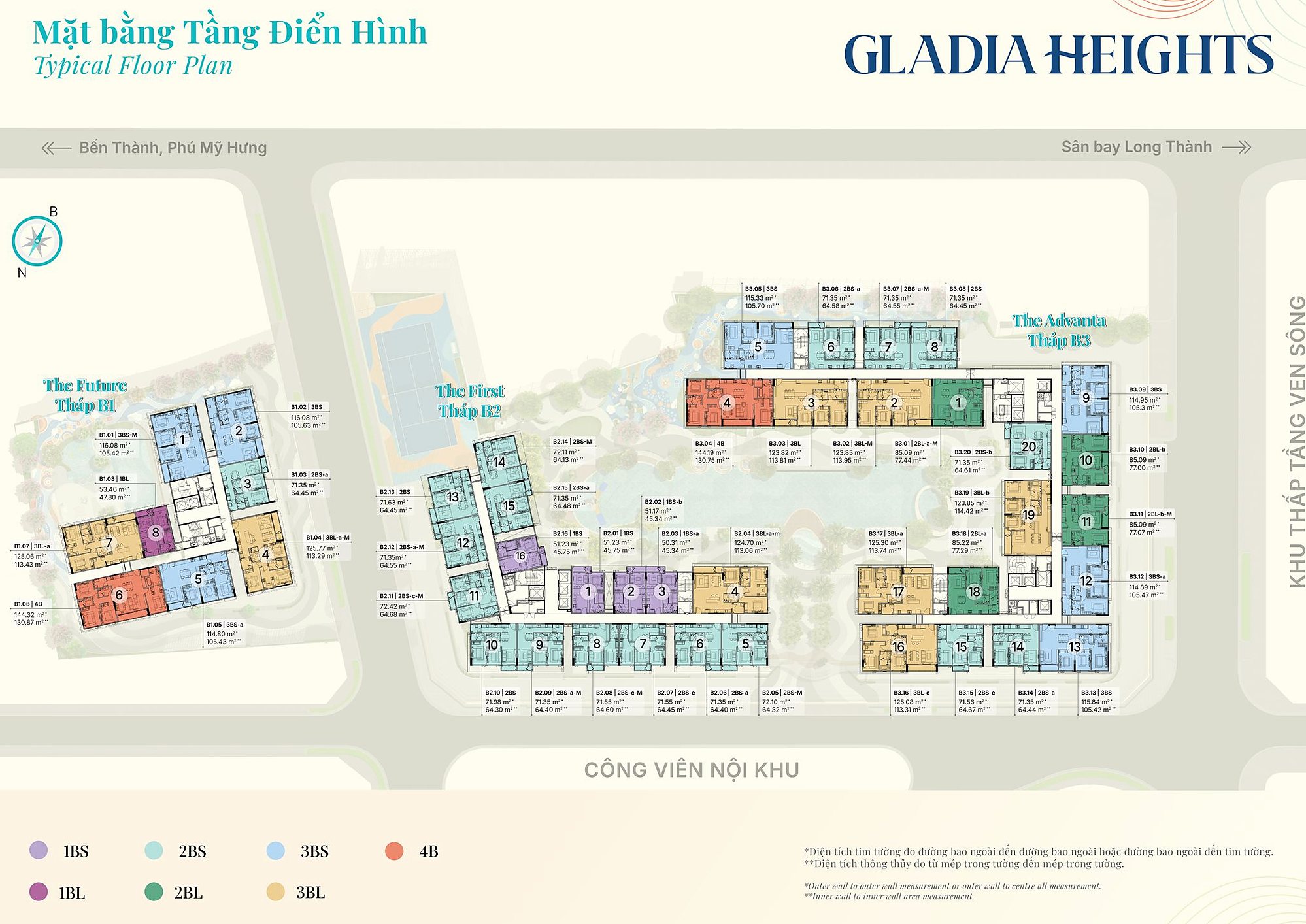 Mặt bằng tầng điển hình Gladia Heights — 3 tháp B1 B2 B3 kèm diện tích tim tường từng căn 1PN 2PN 3PN
