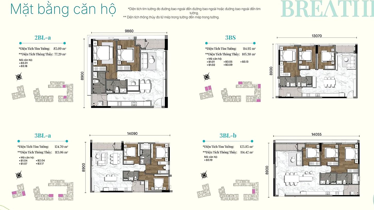 Mặt bằng chi tiết các loại căn hộ Gladia Heights 2PN và 3PN