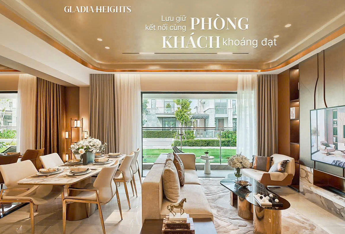Phòng khách nhà mẫu căn 3PN Gladia Heights khoáng đạt view sông