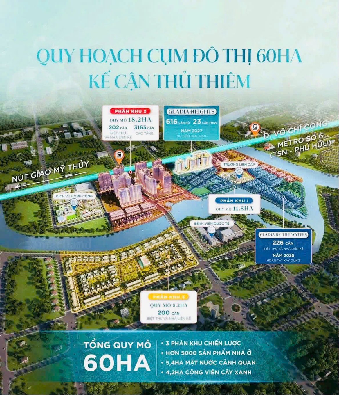 Quy hoạch cụm đô thị 60ha Gladia by the Waters kế cận Thủ Thiêm, 3 phân khu