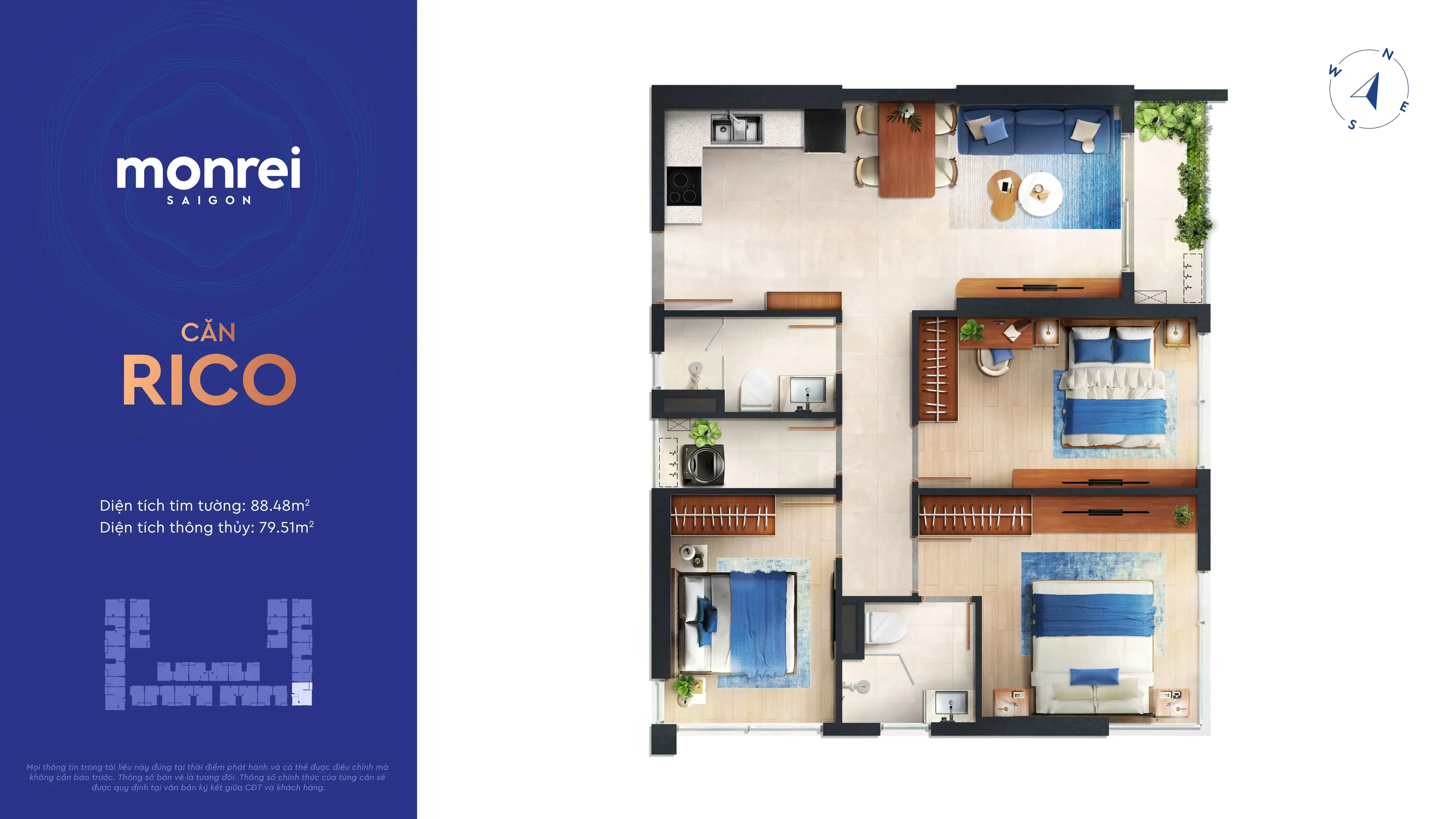 Layout căn 3 phòng ngủ Rico 88m2 Monrei Sài Gòn
